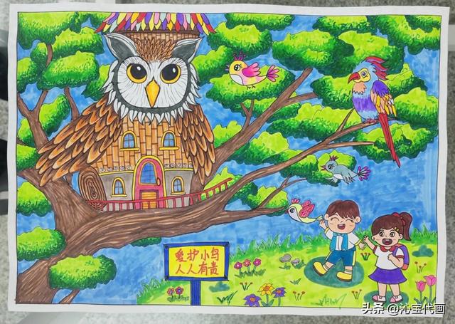 护鸟主题绘画爱护小鸟儿童画少儿美术范画-1.jpg